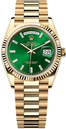 rolex-day-date-36-36mm-bright-green-diamond-set-dial-fluted-bezel-president-bracelet-128238-new-2024-model