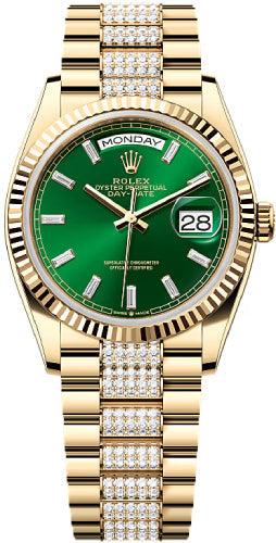 rolex-day-date-36-36mm-bright-green-diamond-set-dial-fluted-bezel-with-diamond-set-president-bracelet-128238-new-2024-model